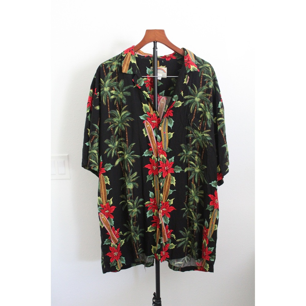VTG Paradise Found Hawaiian Shirt Mens 2XL Black Rayon Surfboard Palm Poinsettia